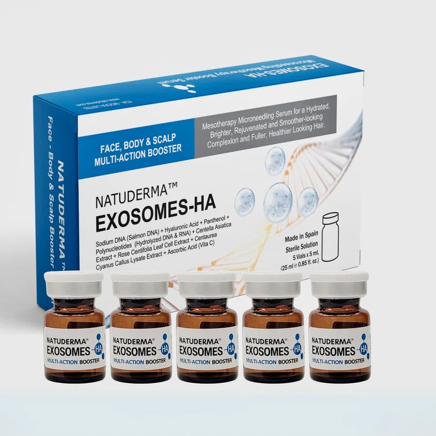 Natuderma Exosomes-HA packaging and five vials, a micro needling serum for skin, body, and scalp care.