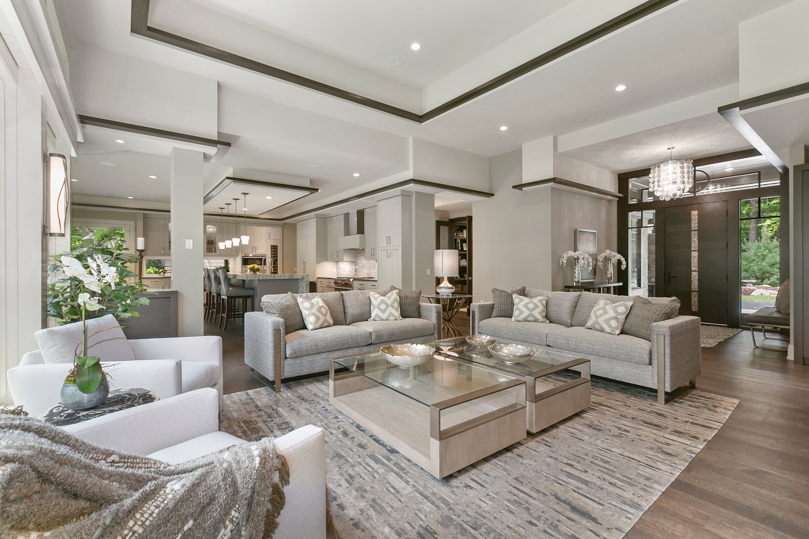 Modern furniture and decor in an open concept floor plan