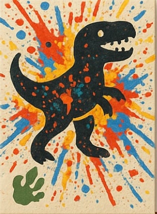 Colorful abstract dinosaur painting with vibrant splashes
