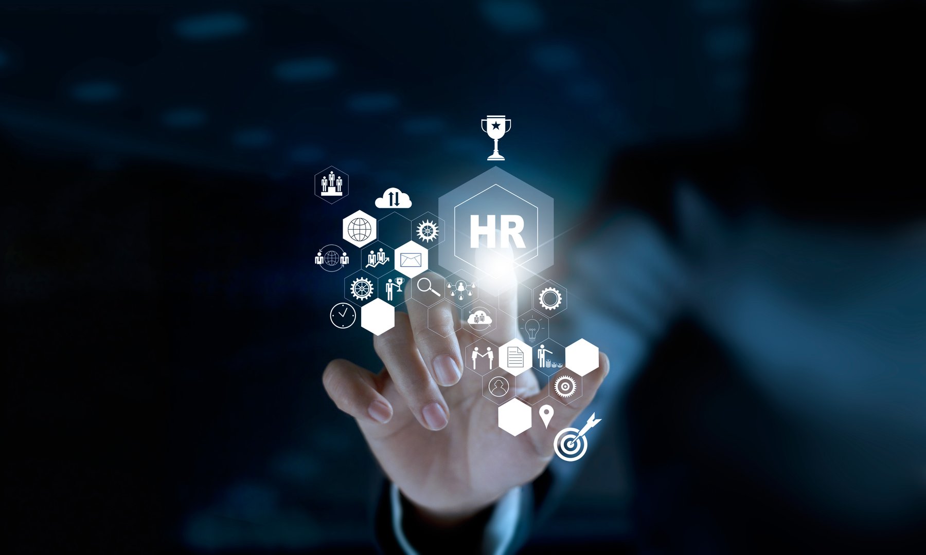 Businessman touching modern virtual interface HR network connection, data mining and social media. CRM and Human resources concept