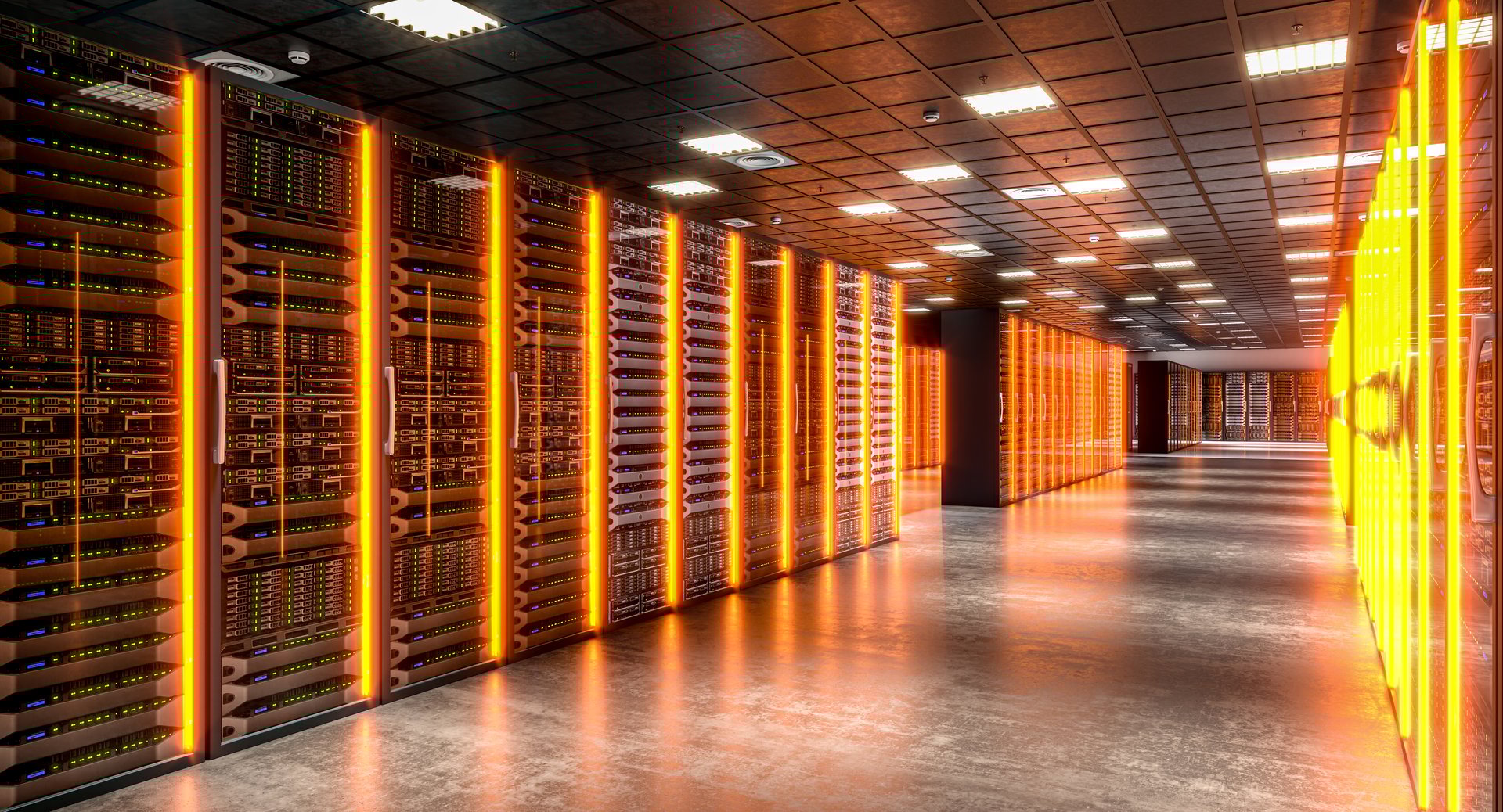 Modern data center with server racks glowing with orange lights, symbolizing the power of technology and data storage