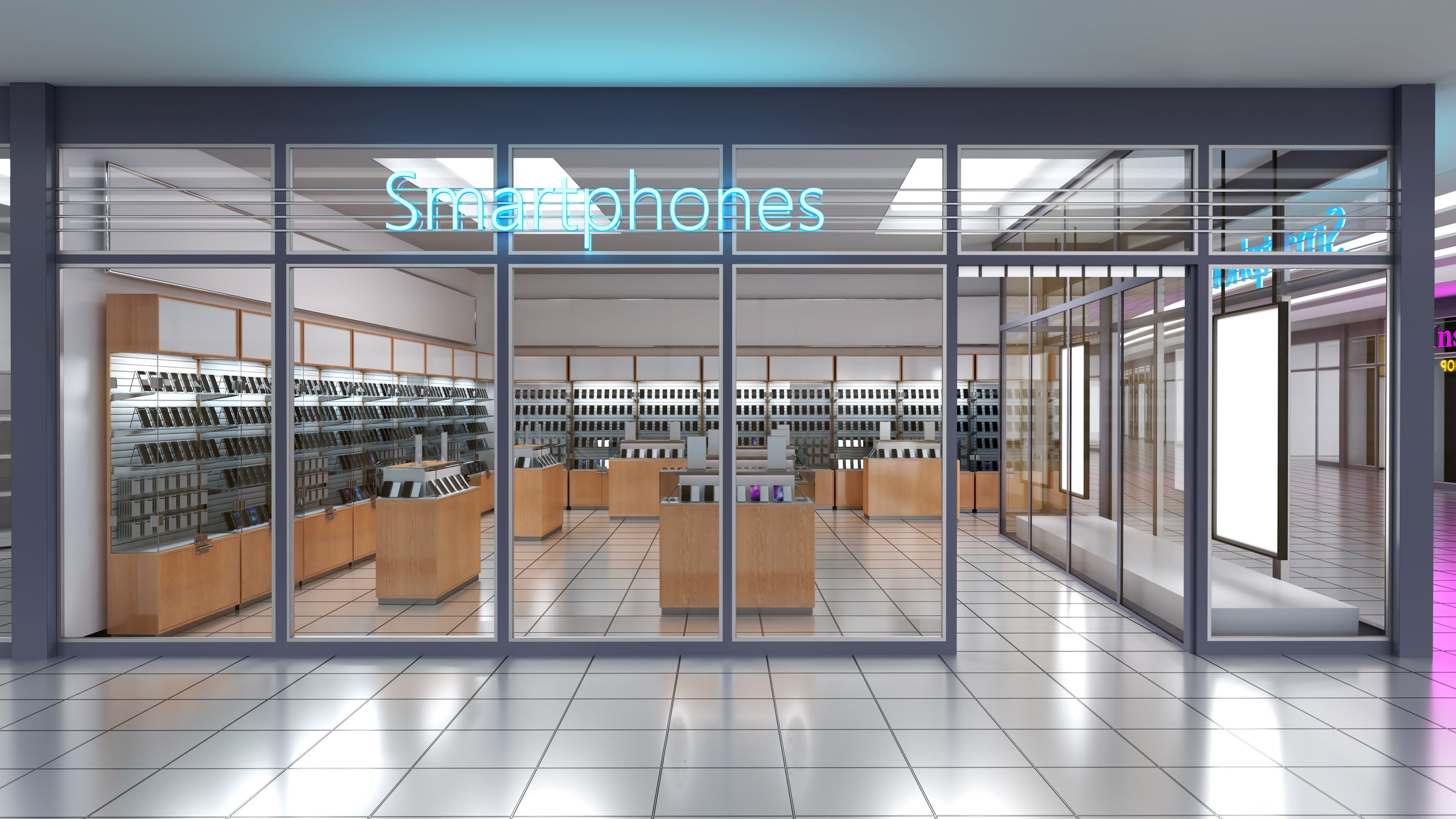 Smartphones store facade with glass storefront and neon signs, mobile phones display showcases inside. 3d illustration