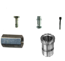 Various metal fasteners and fittings, including bolts and a threaded connector, arranged against a white background.