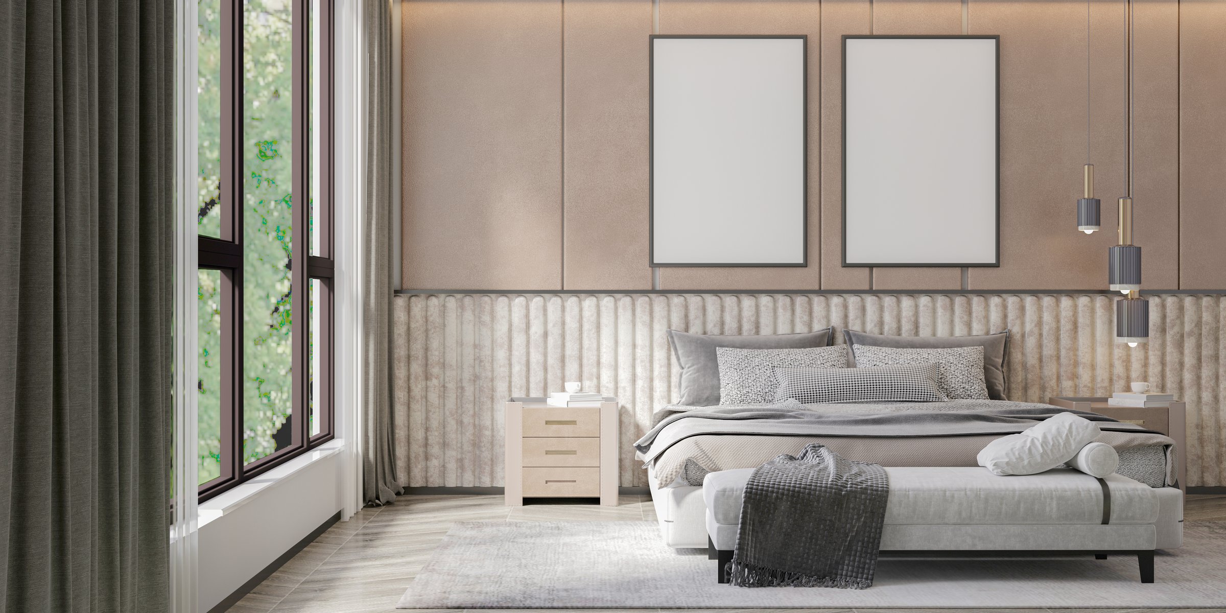 mock up poster frame in interior background, bed room. 3D render, 3D illustration