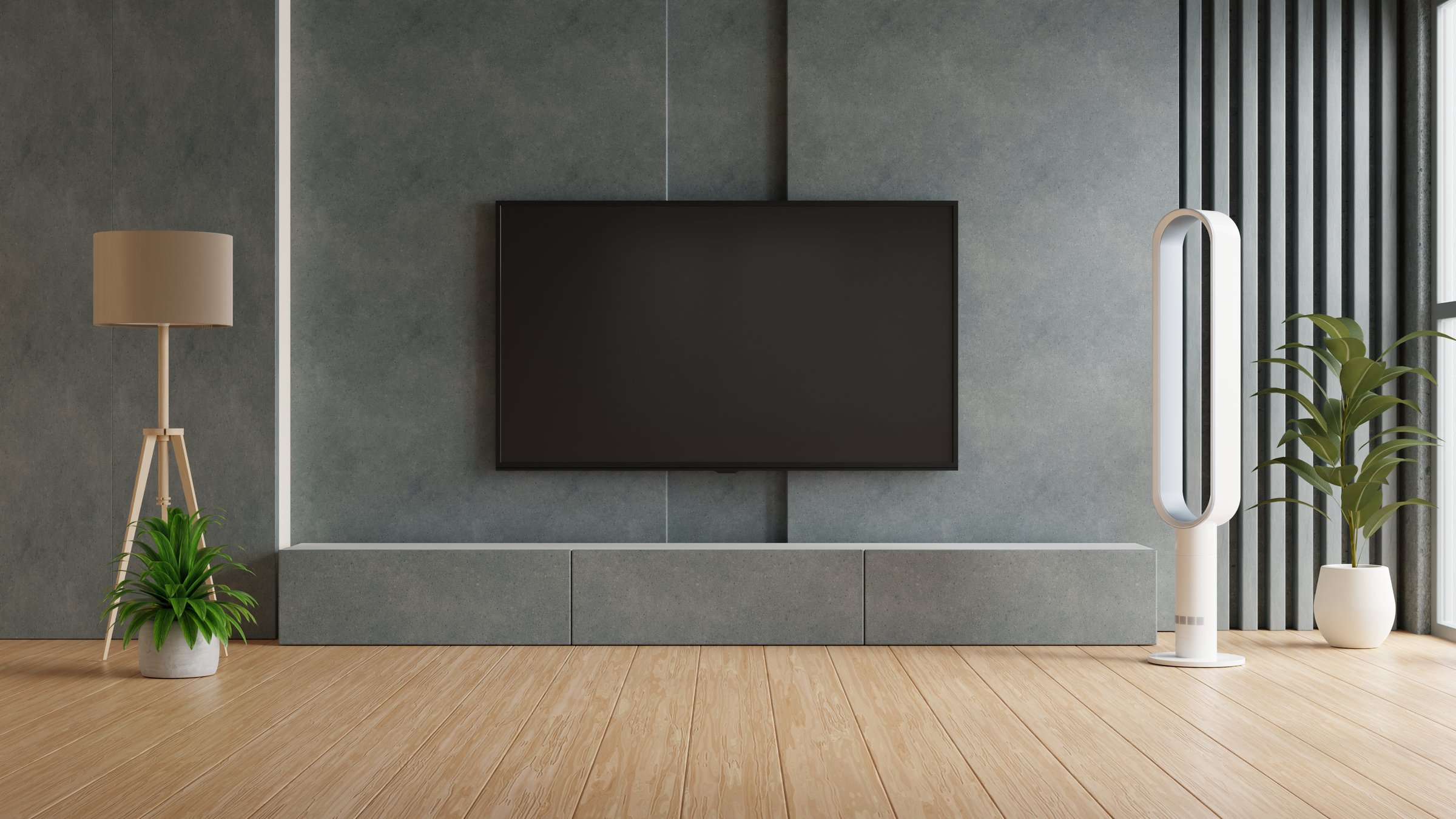 Modern living room with TV, stylish fan, and indoor plants- 3D rendering