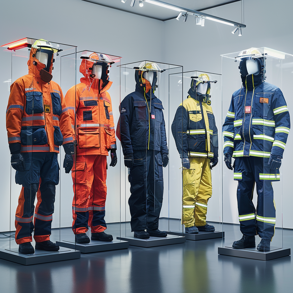 Five mannequin displays of workwear in glass cases, featuring various protective suits in red, orange, blue, and yellow.