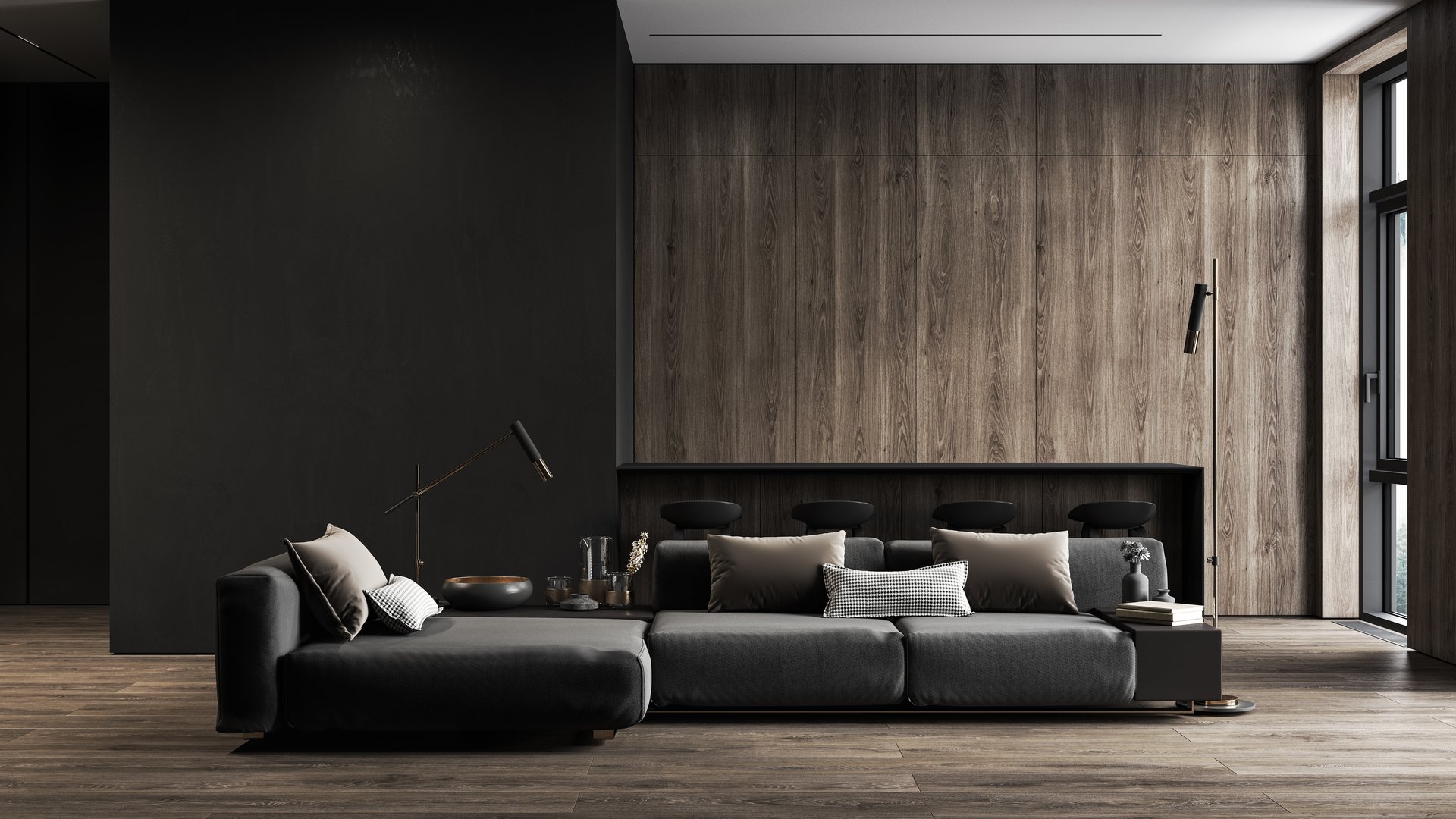 Modern, black minimalist interior with kitchen, sofa, wood floor, wall panels and marble kitchen island. 3d render illustration mock up.