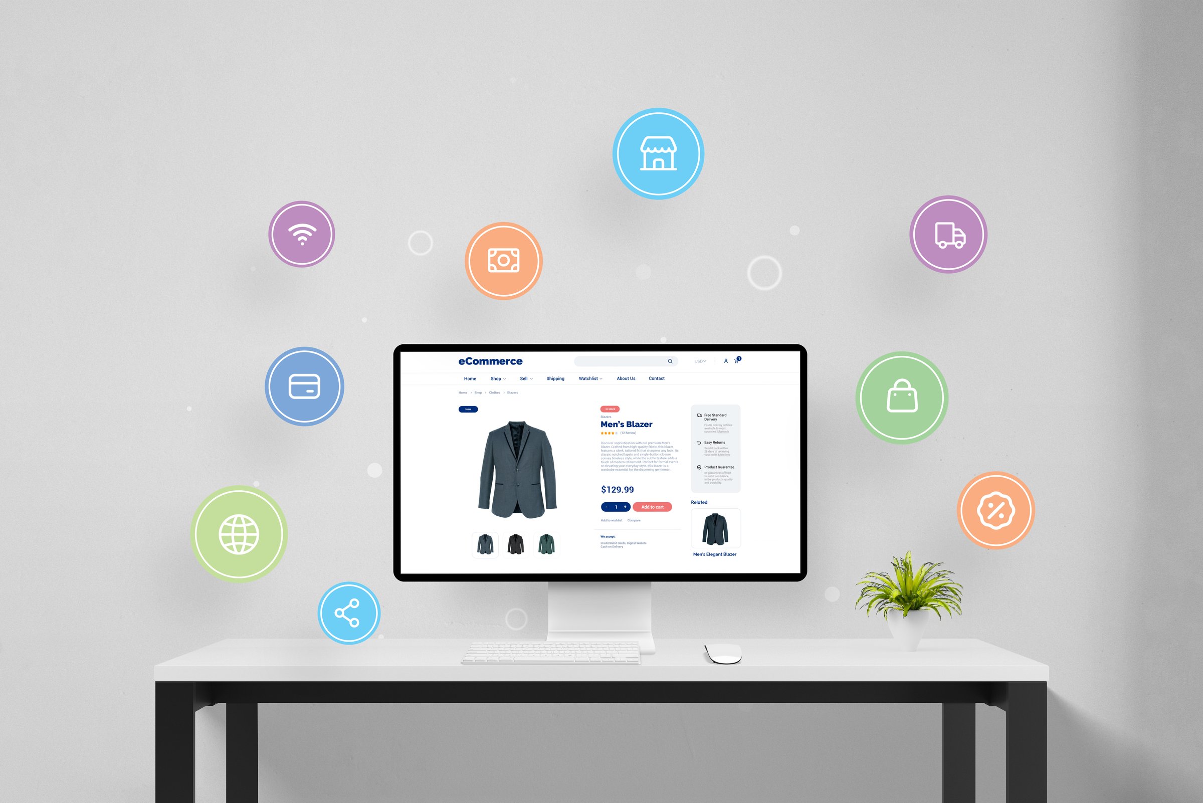 Online shopping for men's blazer on eCommerce website displayed on computer screen, surrounded by icons representing shopping, payment, and delivery