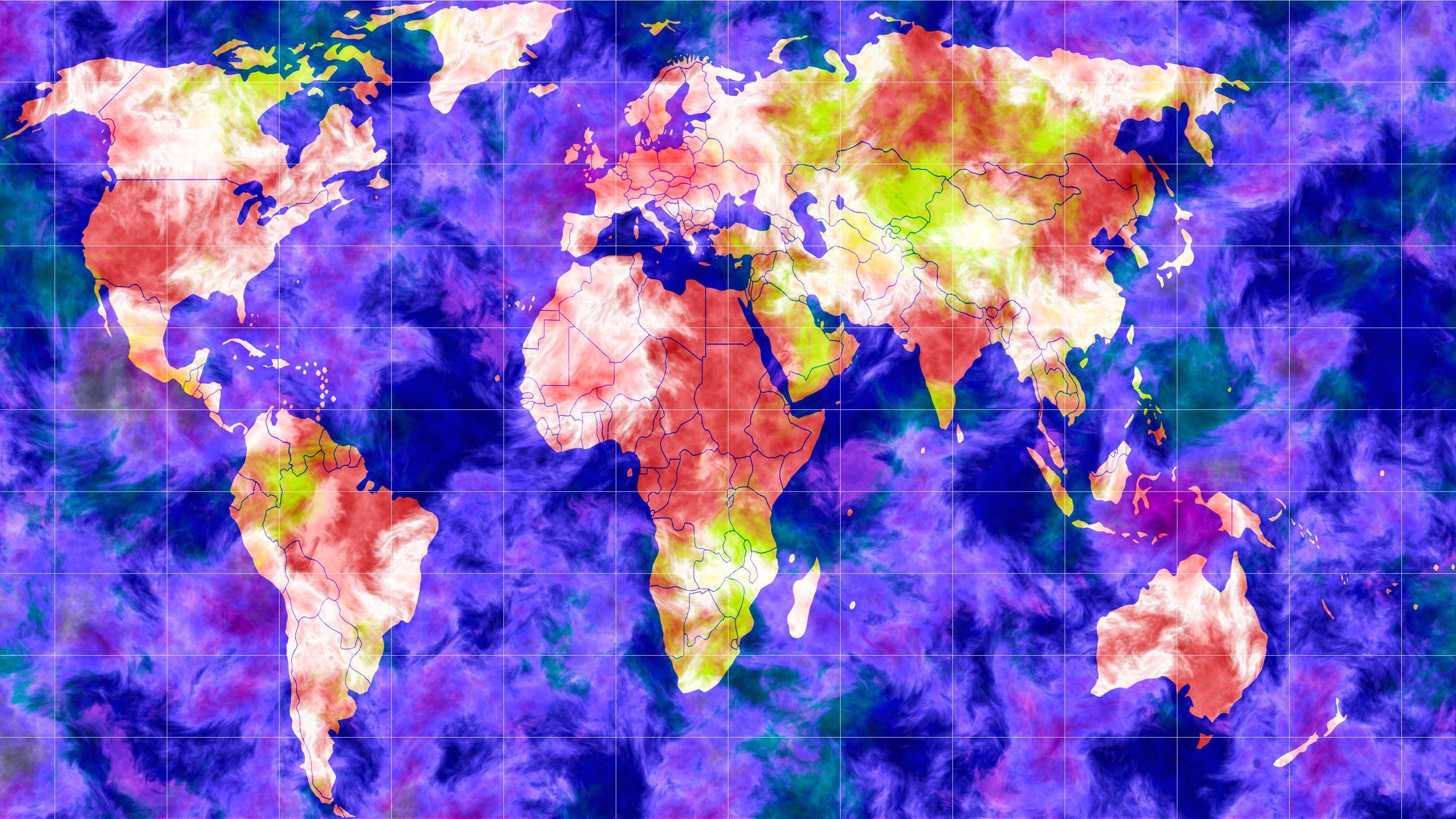 World map with global temperature changes. Global warming concept. Map of temperature and weather in different regions of the earth. Tropical cyclones, strong hurricanes, intense precipitation