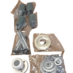 Hardware kit with bolts, washers, nuts, and metal components in plastic packaging, displayed on a clear background.