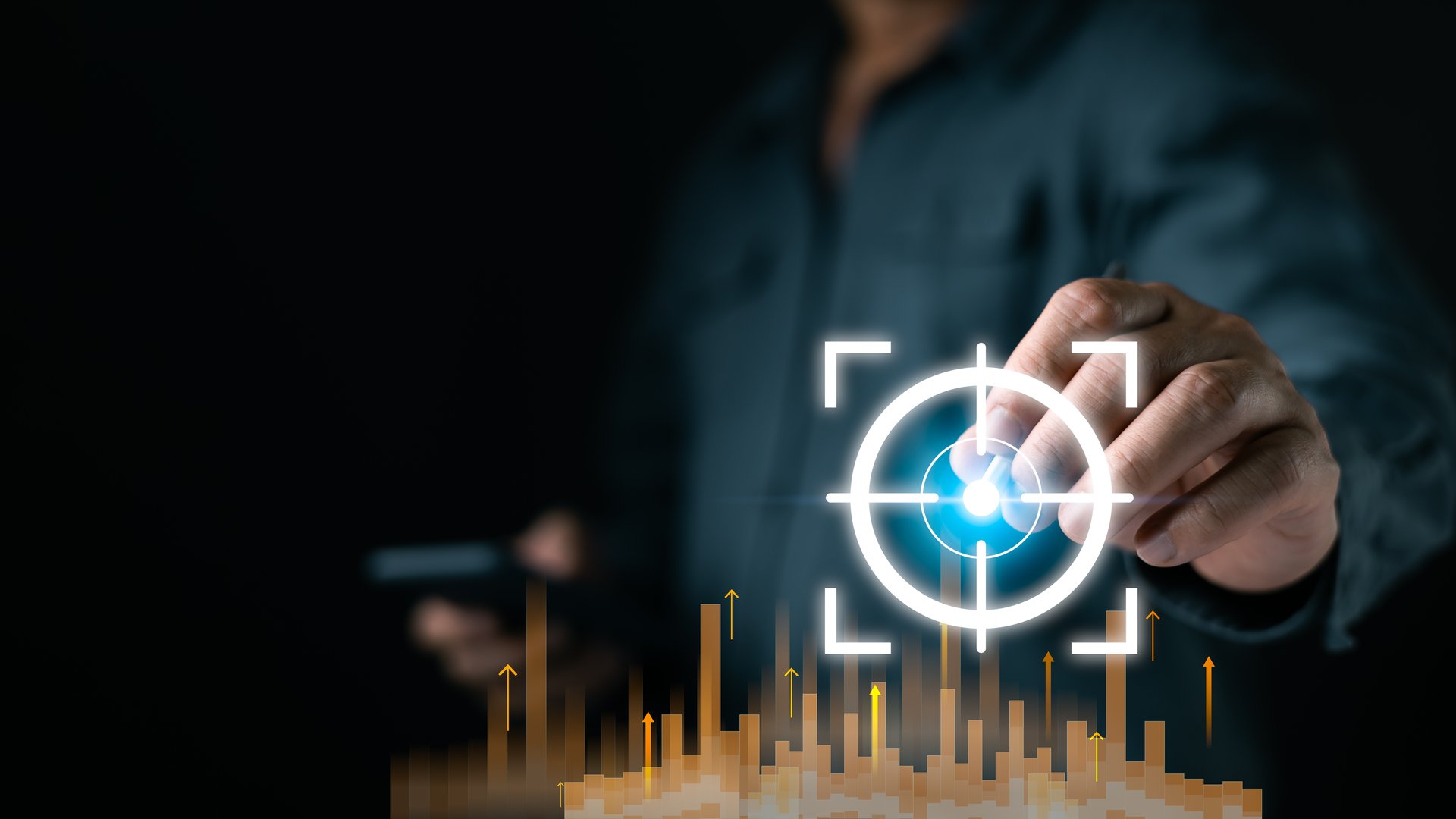 person interact with glowing digital target and goal interface above rising data bars, highlighting analytics precision and modern strategy in a dark tech focused setting boosting future tech growth.