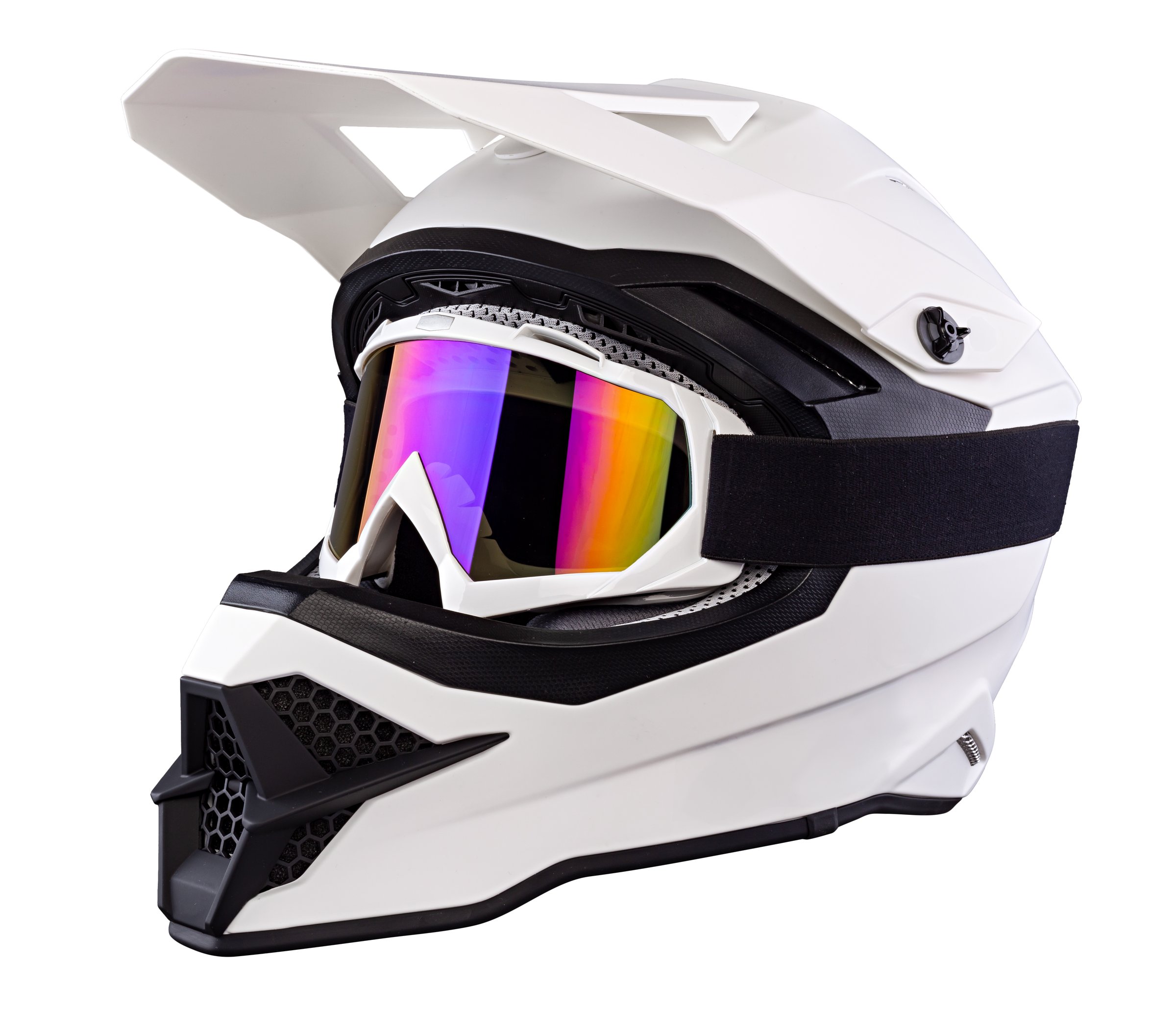 White black modern motocross or enduro downhill crash full face helmet with saftey goggles isolated background.