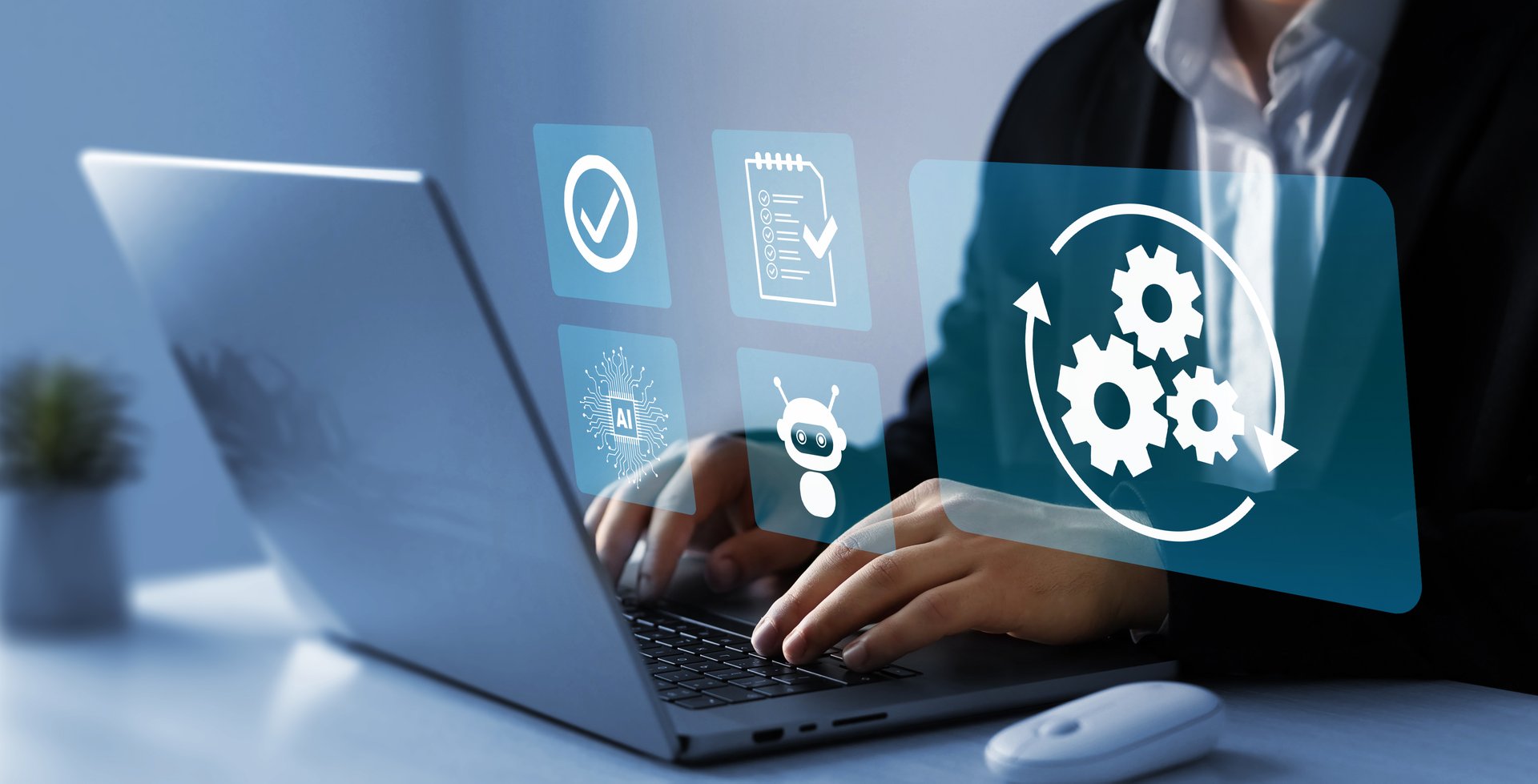 Robotic process automation or RPA.Technology to automate business tasks with AI robotic management.Automated industrial technology with digital transformation.Business process optimisation