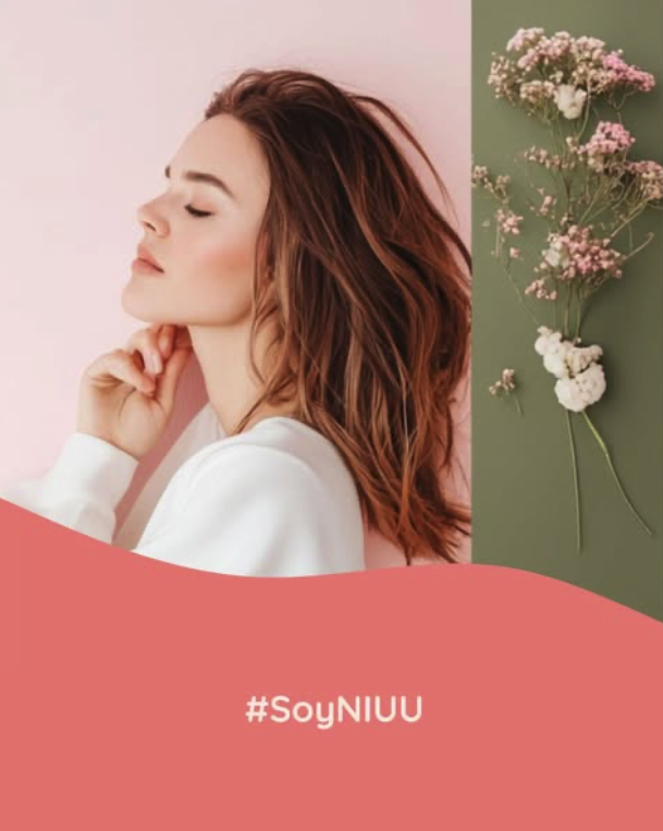 Woman with closed eyes and relaxed expression next to delicate flowers on a pink and green split background. #SoyNIUU
