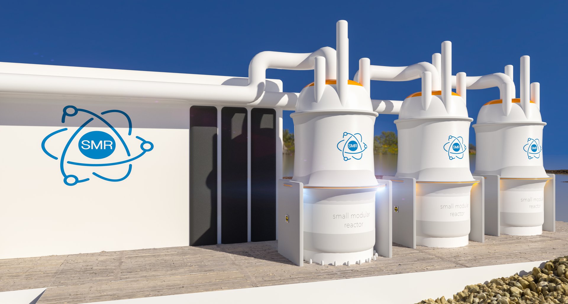 concept of a SMR small modular nuclear reactor power plant on a sunny day. SMR is a future energy concept. 3d rendering.