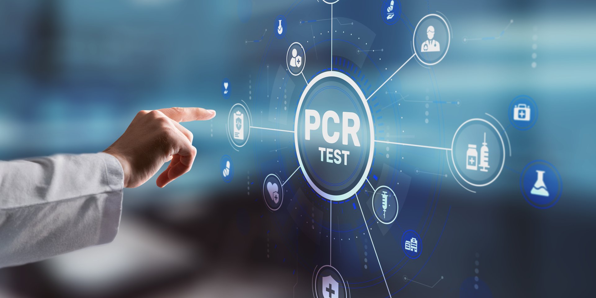 Professional medical background with PCR TEST text and molecular diagnostics symbols.