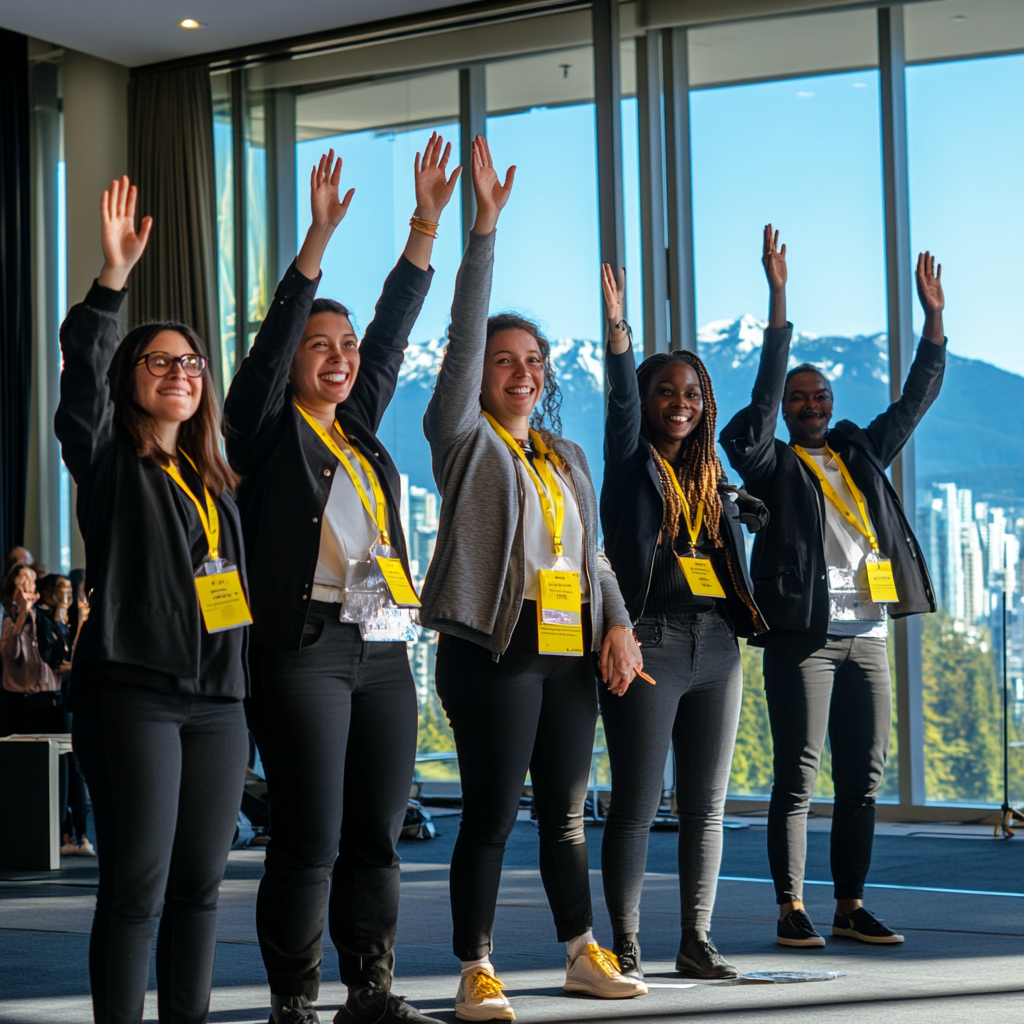 Happy energetic adults in their 30s and 40s celebrating diverse backgrounds