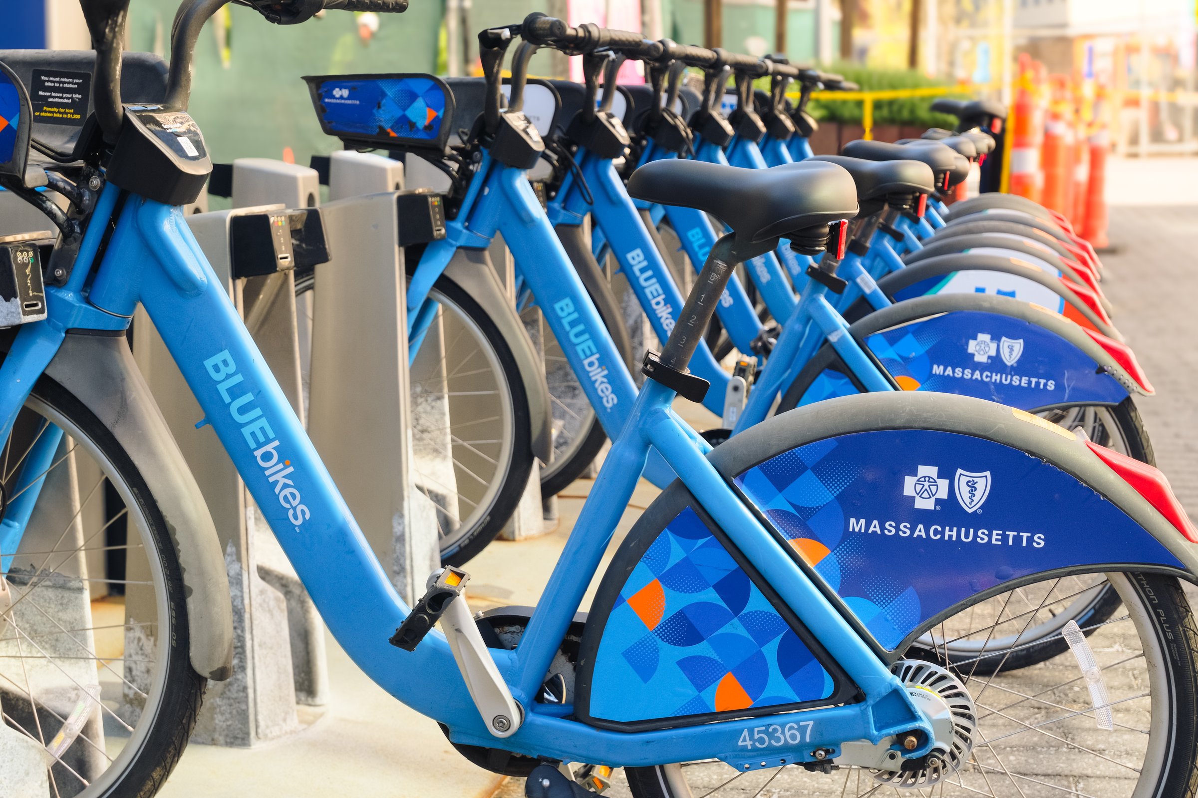 Massachusetts, USA - 6 May 2024. Row of rental Blue bikes in Massachusetts sponsored by blue cross blue shields, public transportation, city bikes