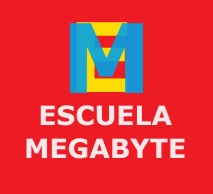 Logo with blue and yellow 'M' on a red background, labeled 'Escuela Megabyte' in white text below.