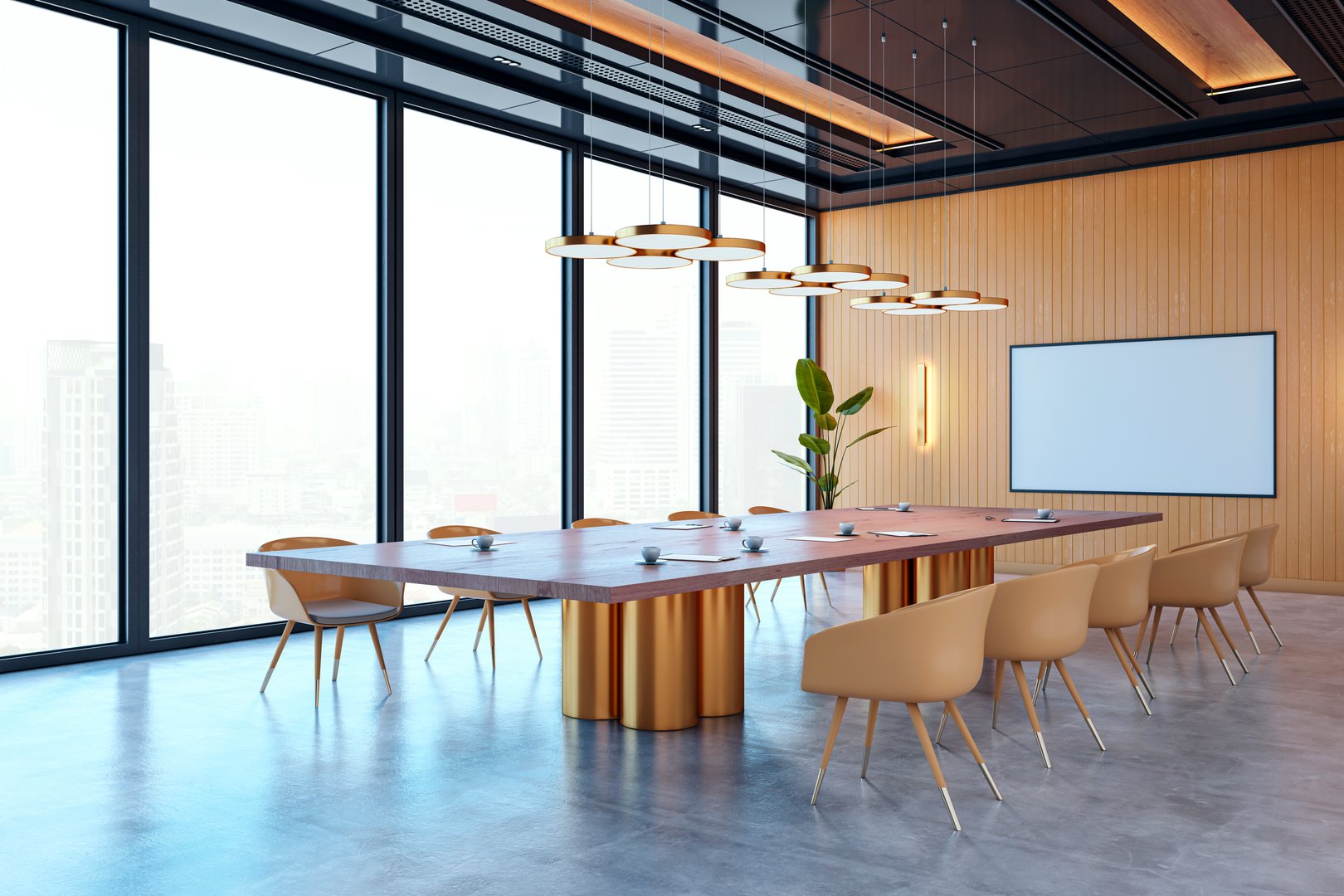Elegant boardroom with a sleek wooden table, golden accents, and large windows overlooking a cityscape. Contemporary office interior design. 3D Rendering.