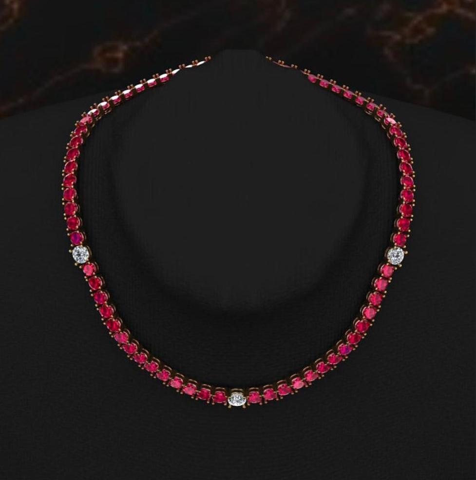 Elegant ruby necklace with two diamond accents on a black display stand.