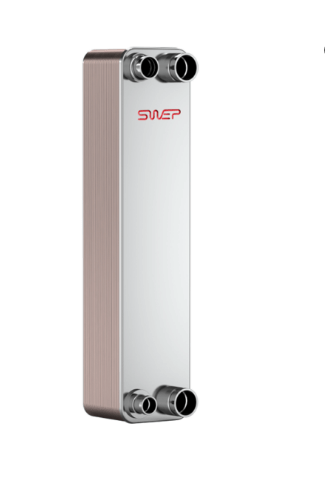 A metallic heat exchanger with four pipe connections and a logo on its side, designed for thermal transfer.