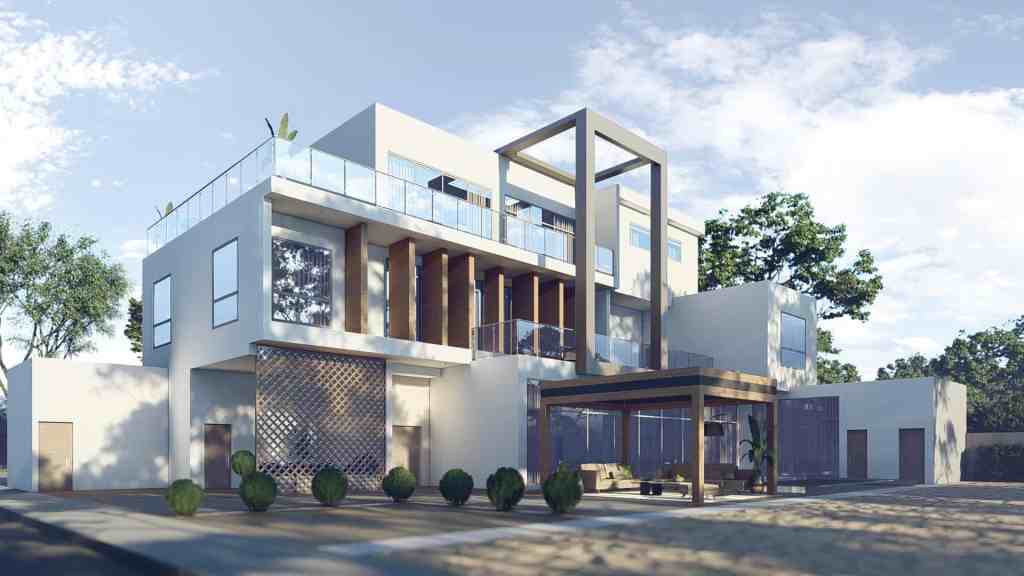 Modern multi-story house with large windows, a flat roof, and a minimalist design, surrounded by trees and shrubs.