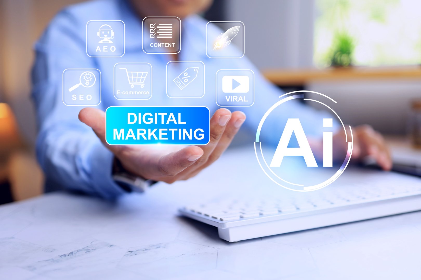 Digital marketing concept with businessman working with AI assistant to data analysis SEO, AEO and market content creation for speed and efficiency in competition