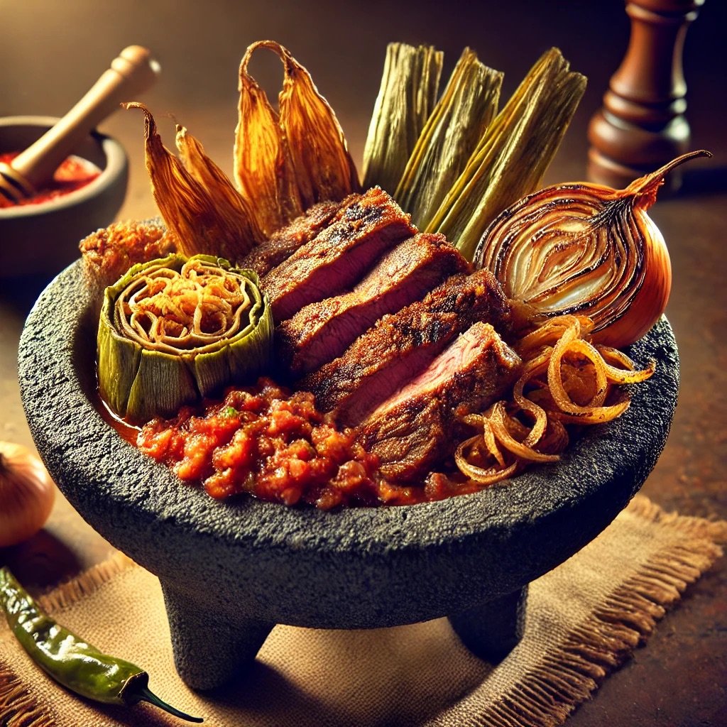 Grilled steak slices with charred onions, salsa, and savory herbs arranged in a rustic stone bowl.