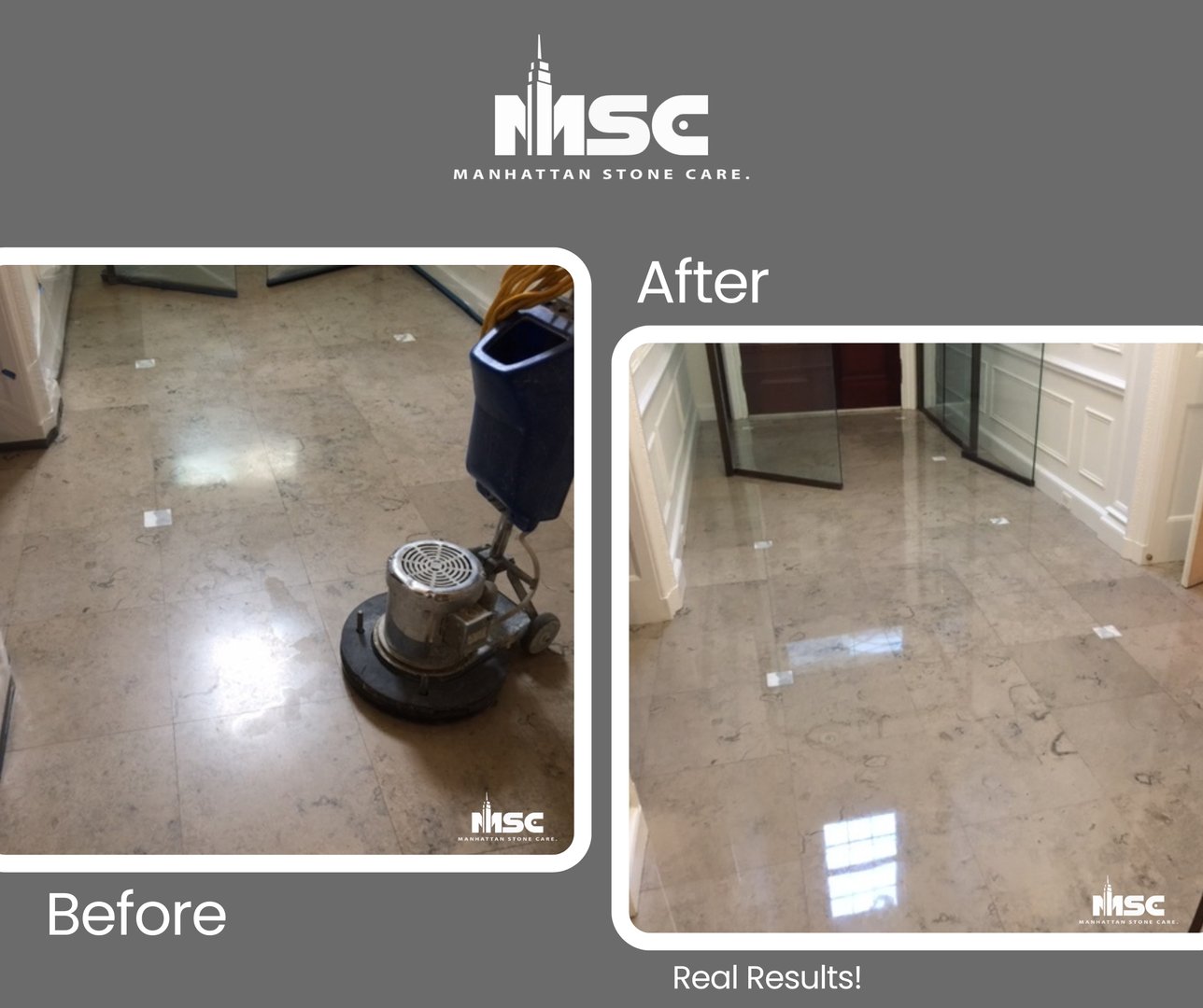 Manhattan Stone Care Marble Bathroom Floor Restoration before and after in New York City