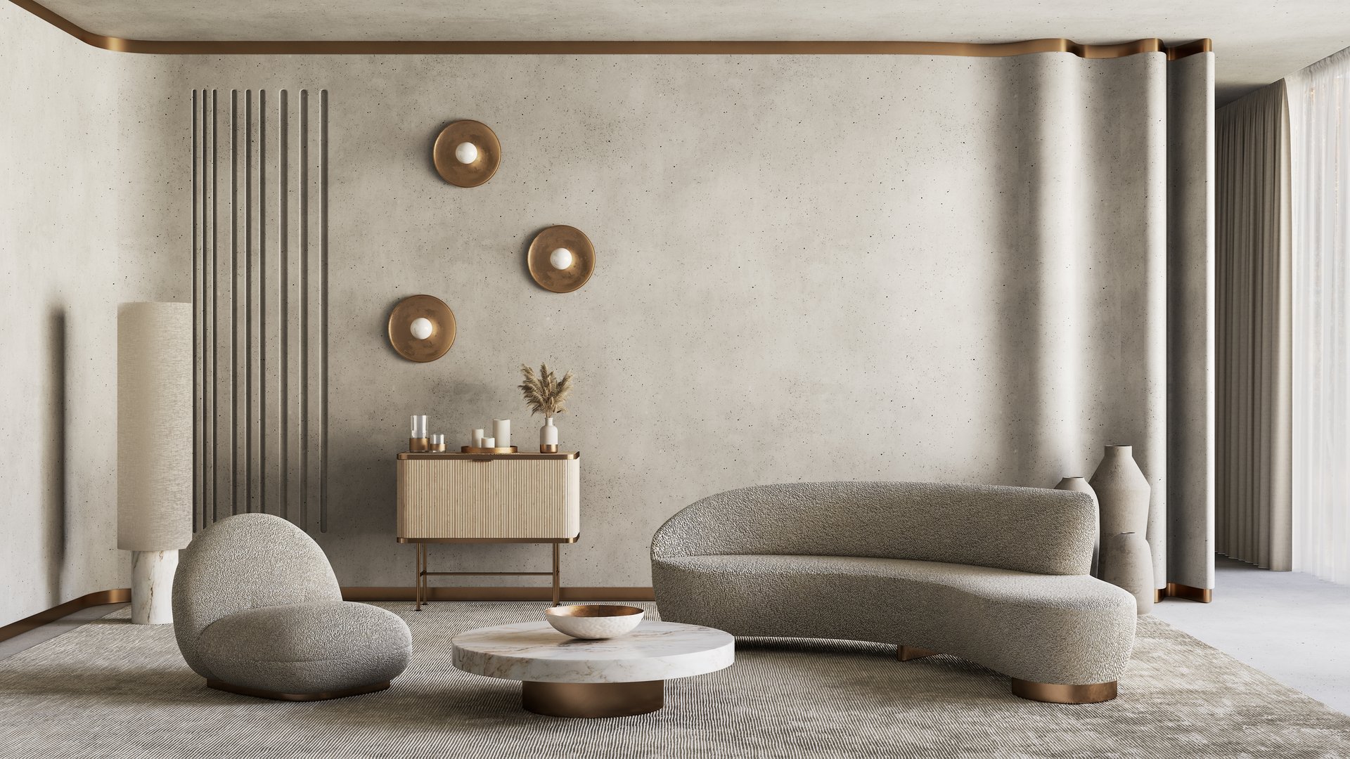Contemporary interior with concrete walls, furniture and decor. 3d render illustration mockup.