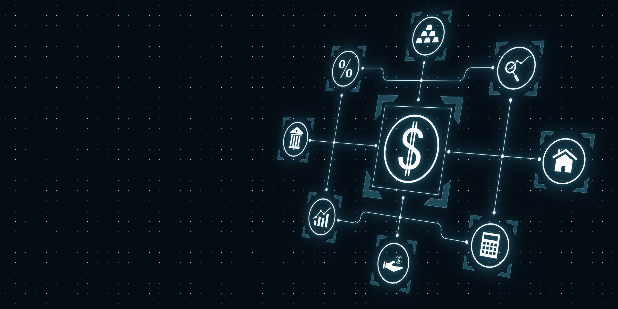 Digital network interface showing dollar and finance-related icons on a dark background. Concept of business and technology. 3D Rendering