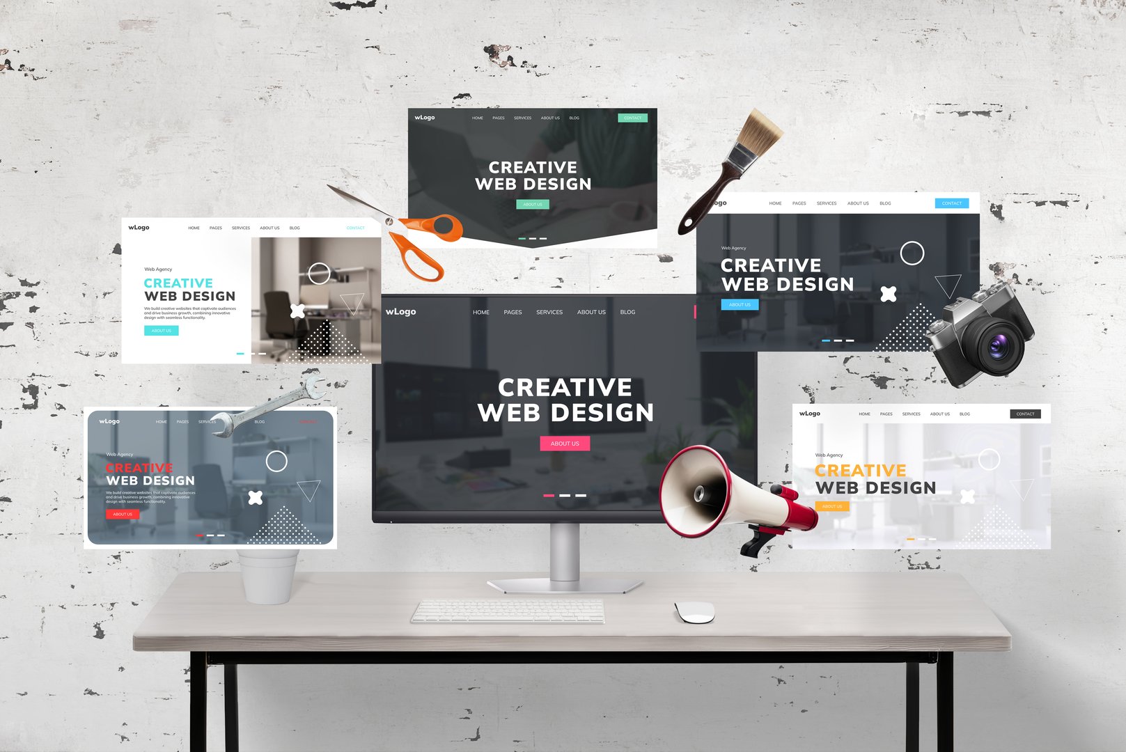 Web pages flying around a web designer's desk and computer display featuring an agency web page presentation. Includes web designer tools: megaphone, wrench key, photo camera, scissors, and brush