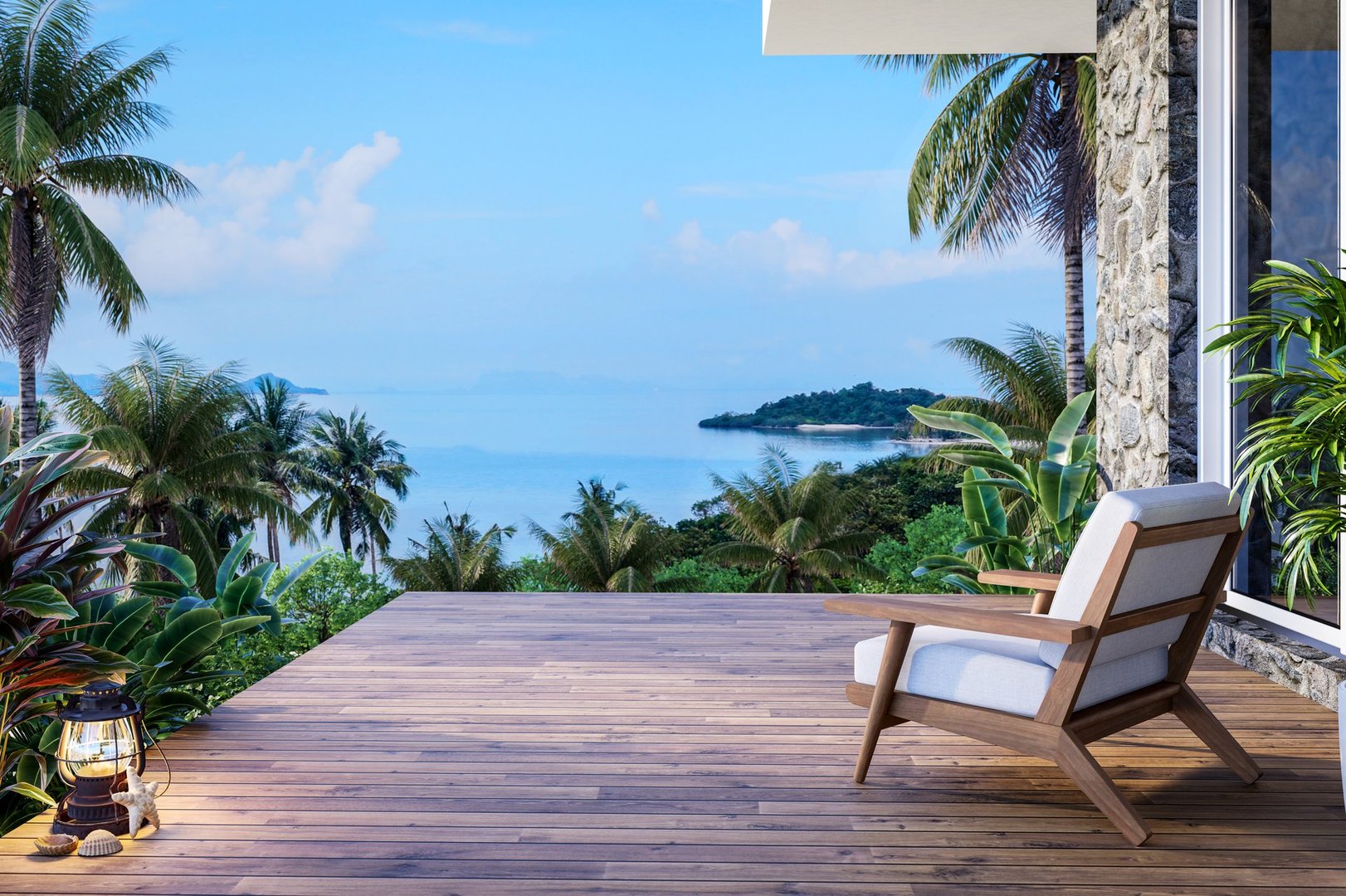 Modern contemporary style wooden terrace with sea view surrounded by tropical style garden 3d render ,There are plank floors decorated with wooden chair
