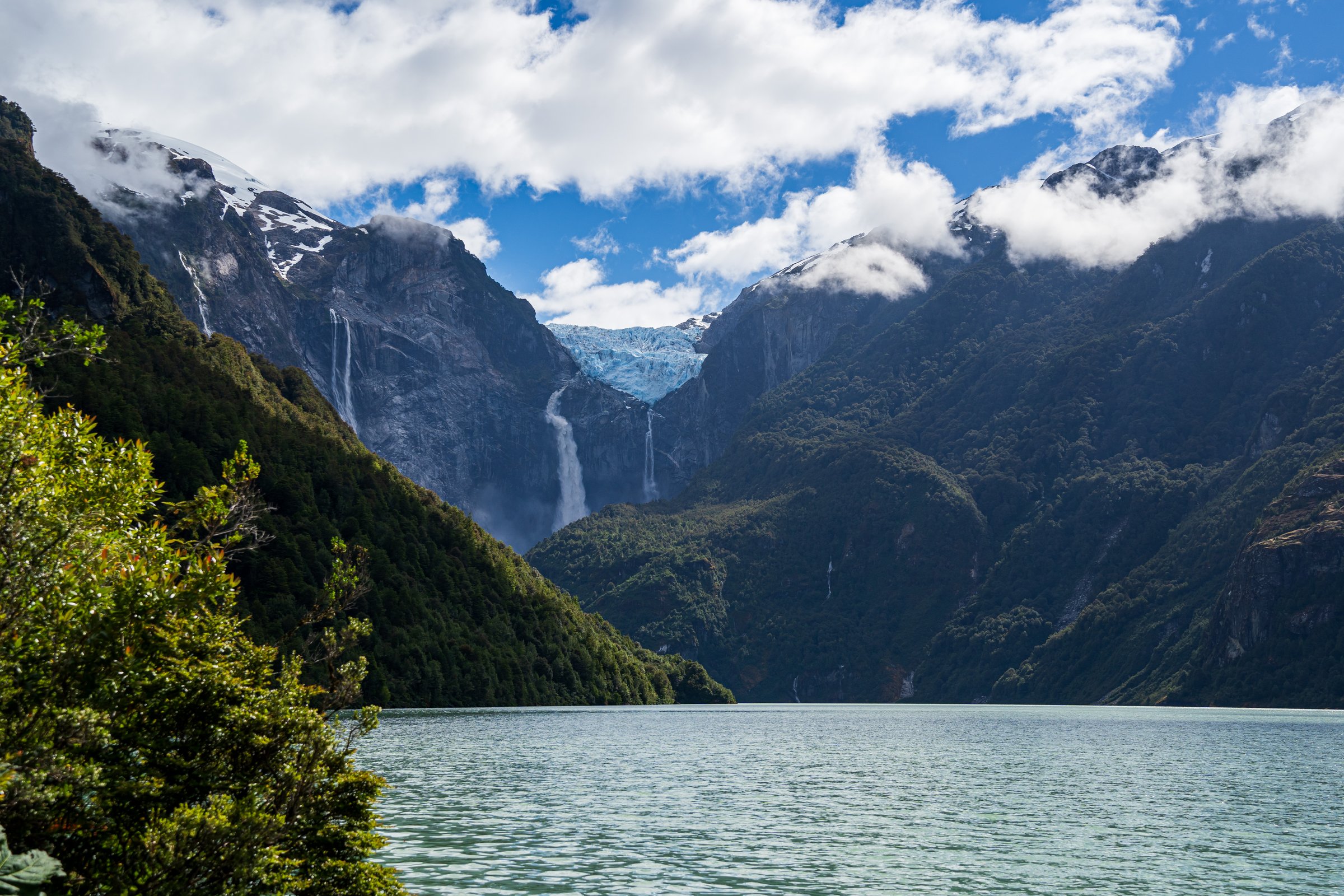 The Hanging Glacier from the lake in national park Nevado Queulat in Patagonia Chile