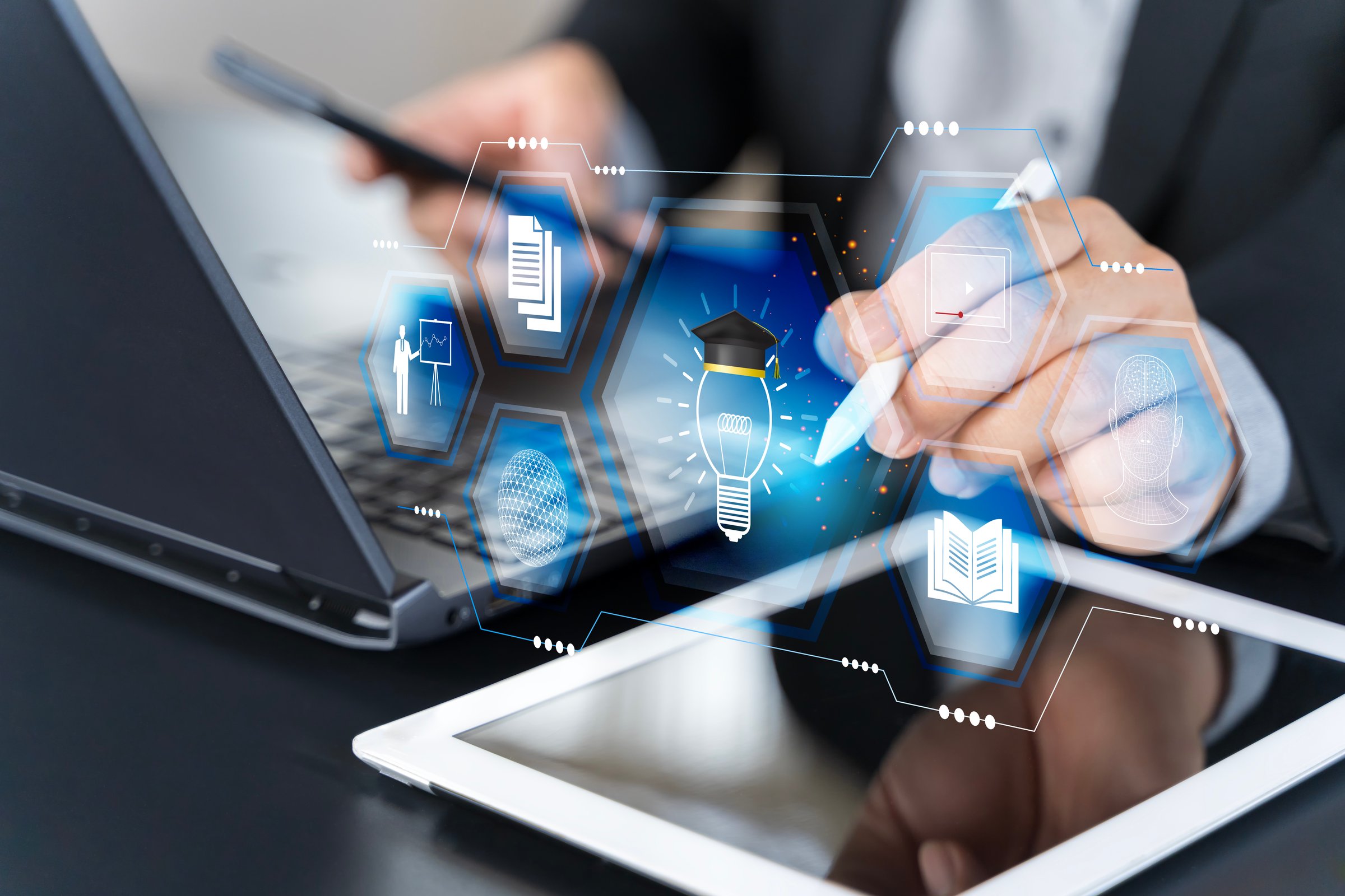 E-learning technology, webinar, online education and training to develop new skills and knowledge. artificial intelligence,AI-enhanced learning with personalized courses. Remote learning on internet.