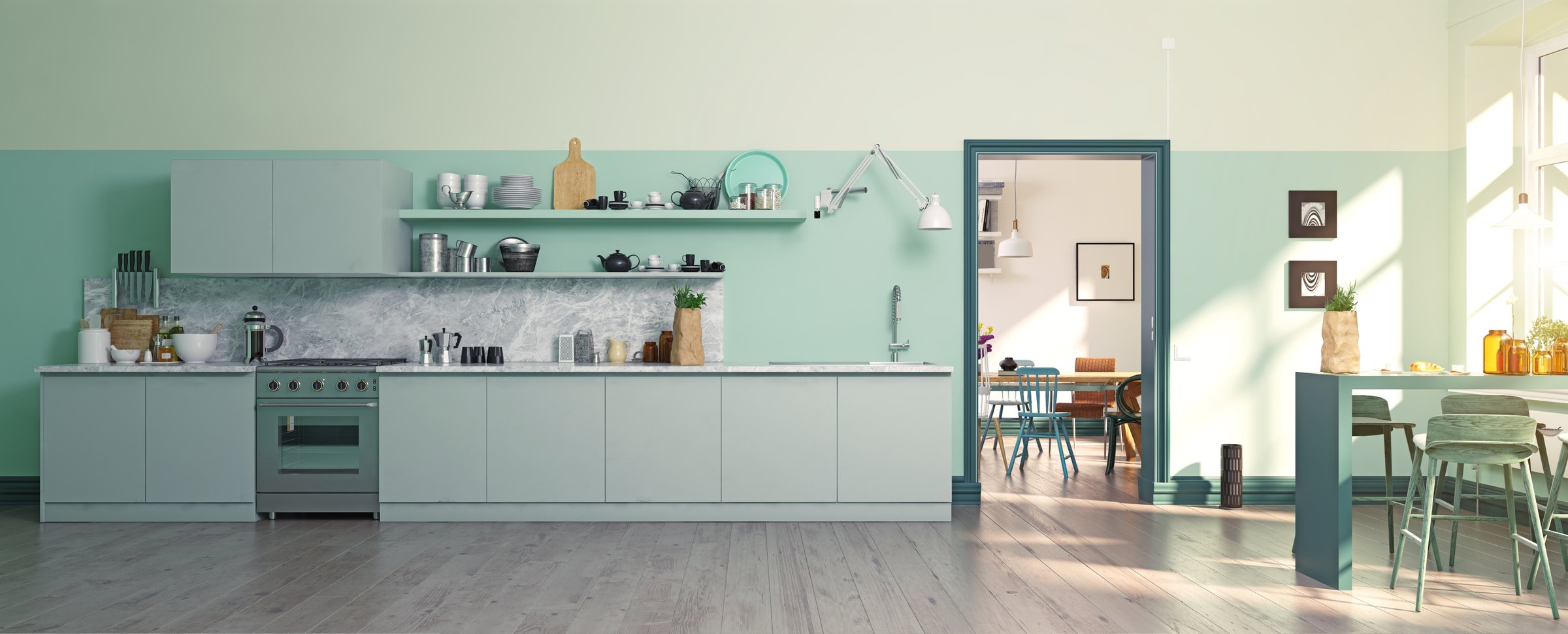 Empty kitchen with light suggests solitude and renewal 3D rendering.