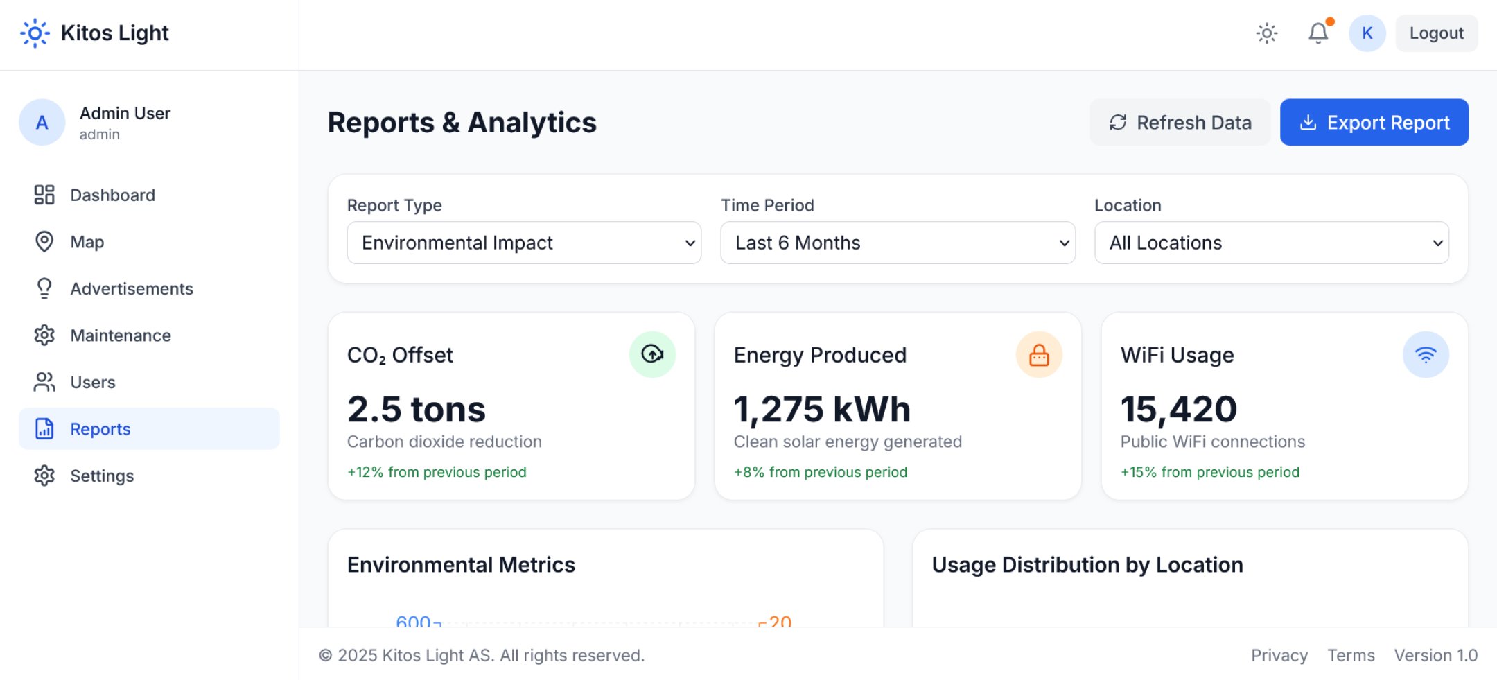 Smart bench with integrated display showing energy and emissions data dashboard