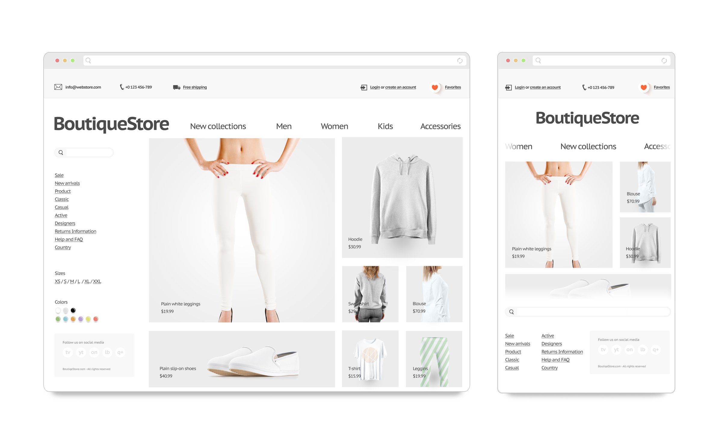 Fashion web store adaptivity template mock up set isolated, 3d rendering. Clothing web page interface mockup. Internet browsers website template. Websstore screen layout for computer display.