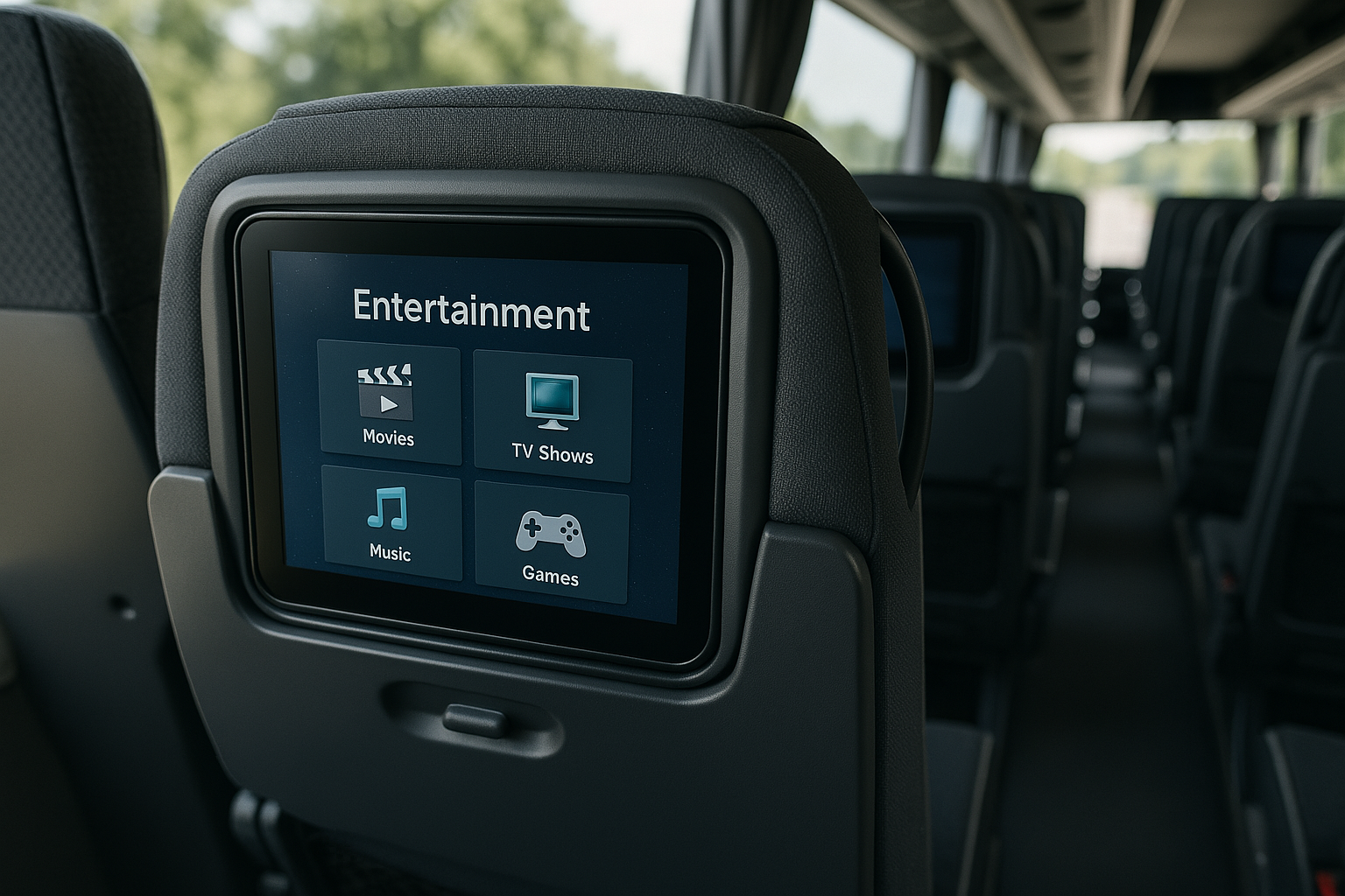 Close-up of a bus entertainment screen displaying options for movies, TV shows, music, and games on a seat back.