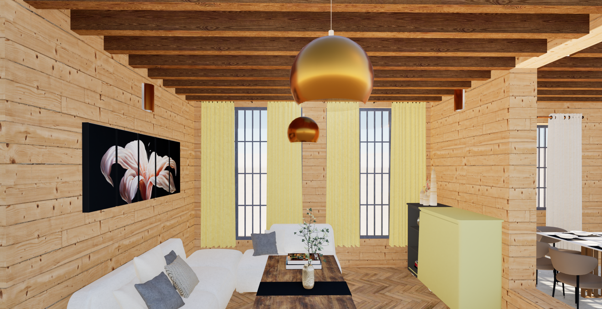 A cozy wooden living room with a white sofa, floral artwork, pendant lights, and large windows with yellow curtains.