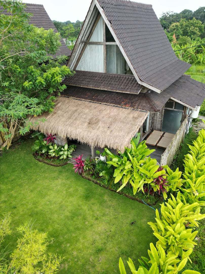 Aerial view of a rustic A-frame house with a thatched porch, surrounded by lush greenery and a well-kept lawn.