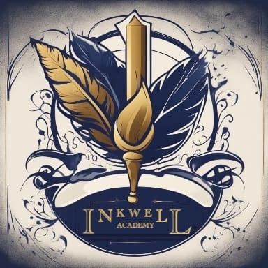 Inkwell Academy footer logo - white version of the quill and ink emblem against dark background, symbolizing premium educational resources and downloadable content