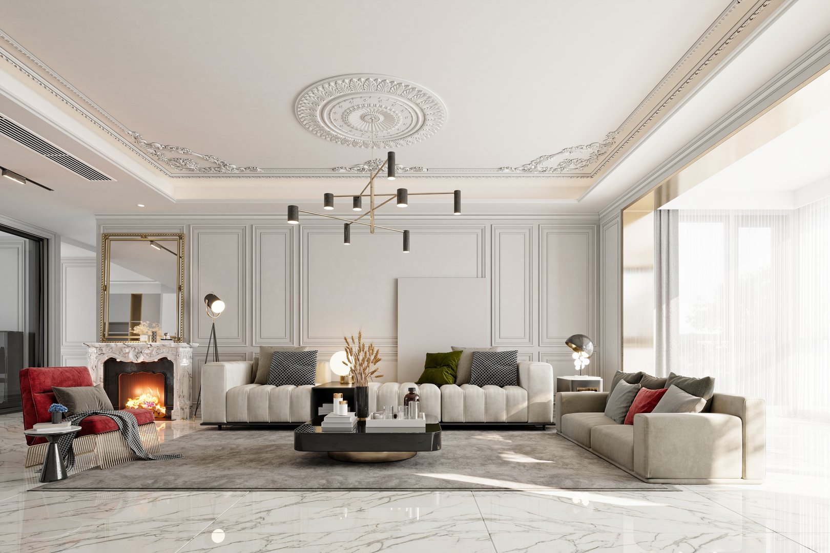 Modern living room and dining space. 3d rendering