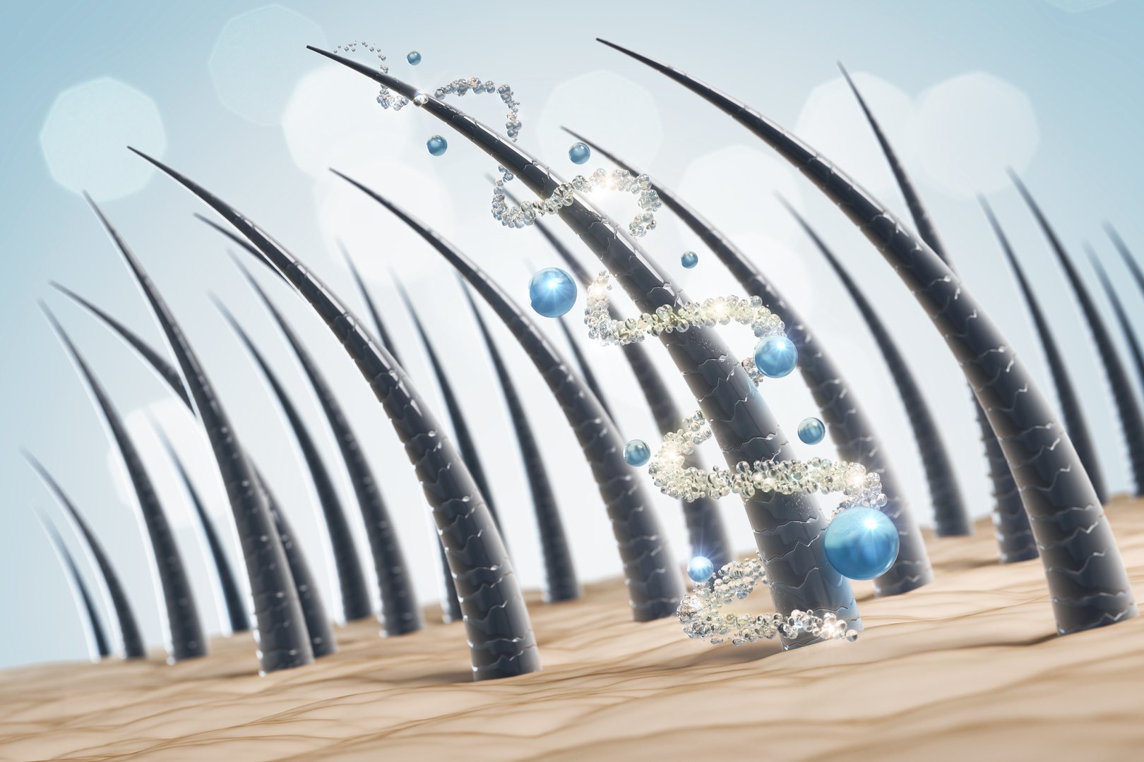 Nourish hair of shampoo or serum. Repair damaged hair concept, 3d rendering.