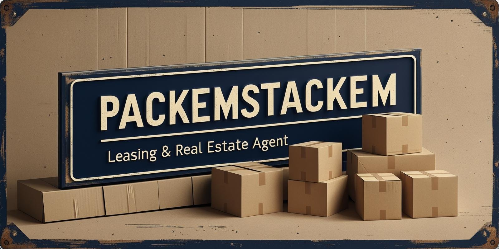 PackEmStackEm Leasing & Real Estate Agent sign with dark blue background and packing boxes