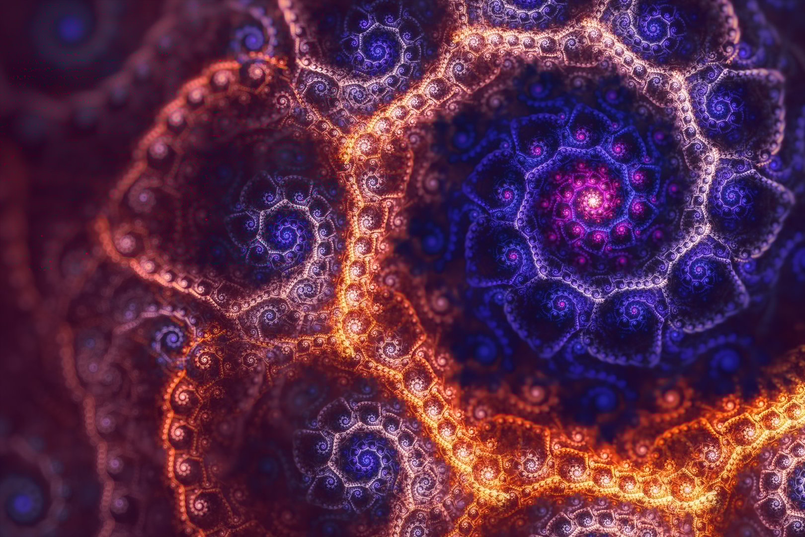 Abstract fractal background. Glowing fibonacci spiral. Infinite spirals with 3D depth effect.