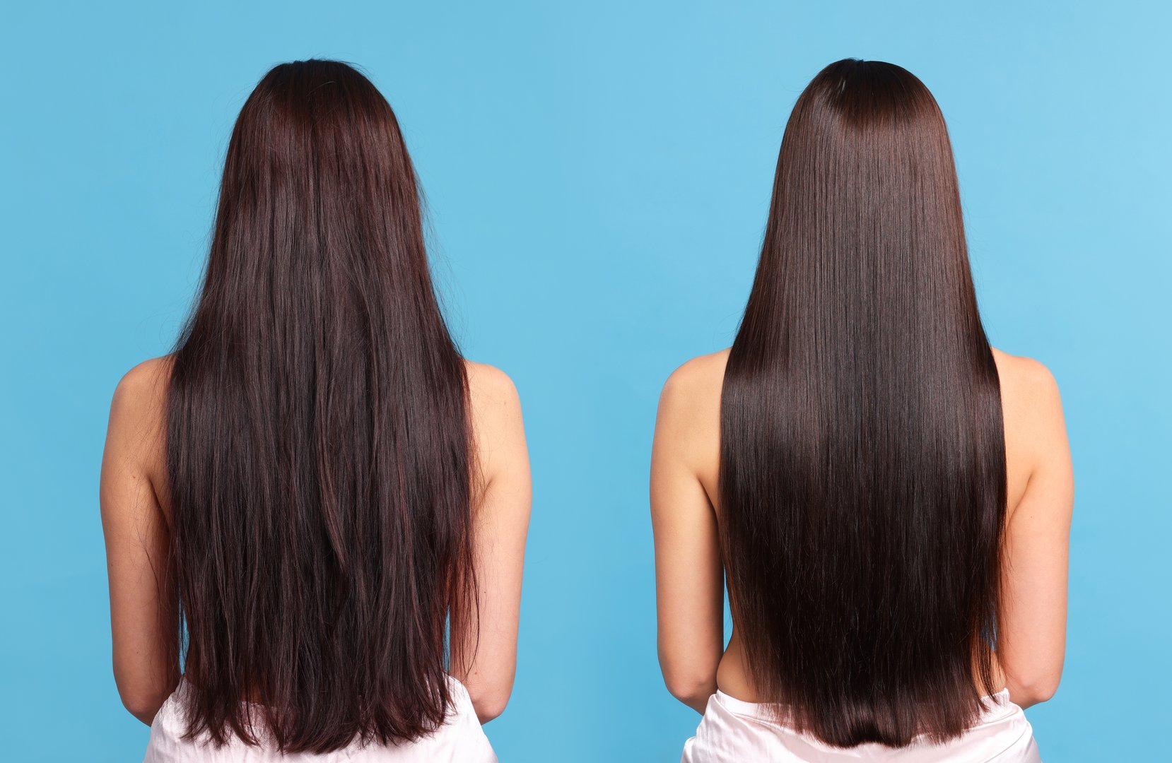 Before and after hair lamination procedure, collage. Woman showing hair on blue background, back view