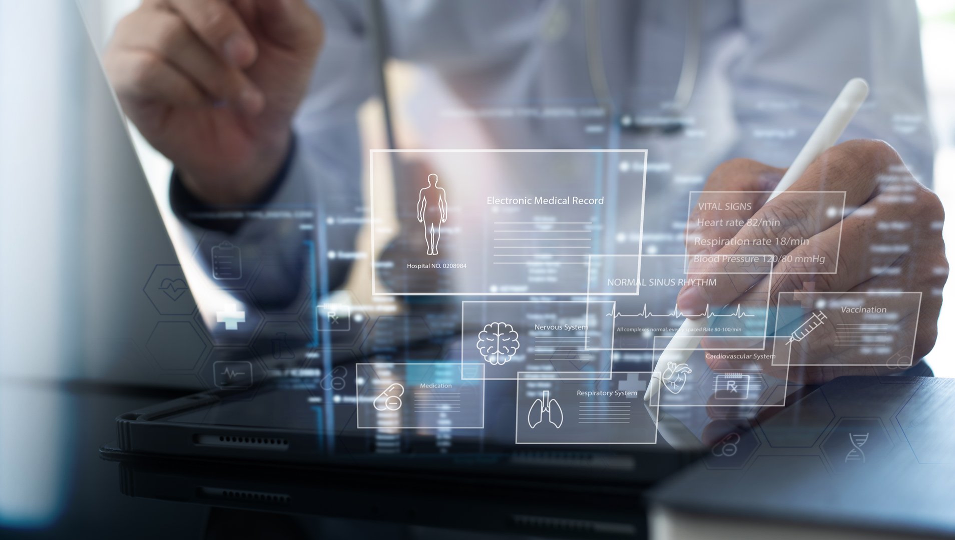 EMRs, Electronic Medical Record system. Doctor using digital tablet recoding, analyzing digital patient's personal health history and information on digital document, global health technology