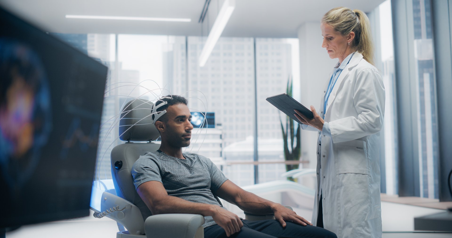 In an Advanced Laboratory: Doctors Utilize Advanced Brain Scanning Technology to Diagnose and Treat Neural Disorders, Enhancing Cognitive Function. Patient Wearing Headset for a High-tech Scan